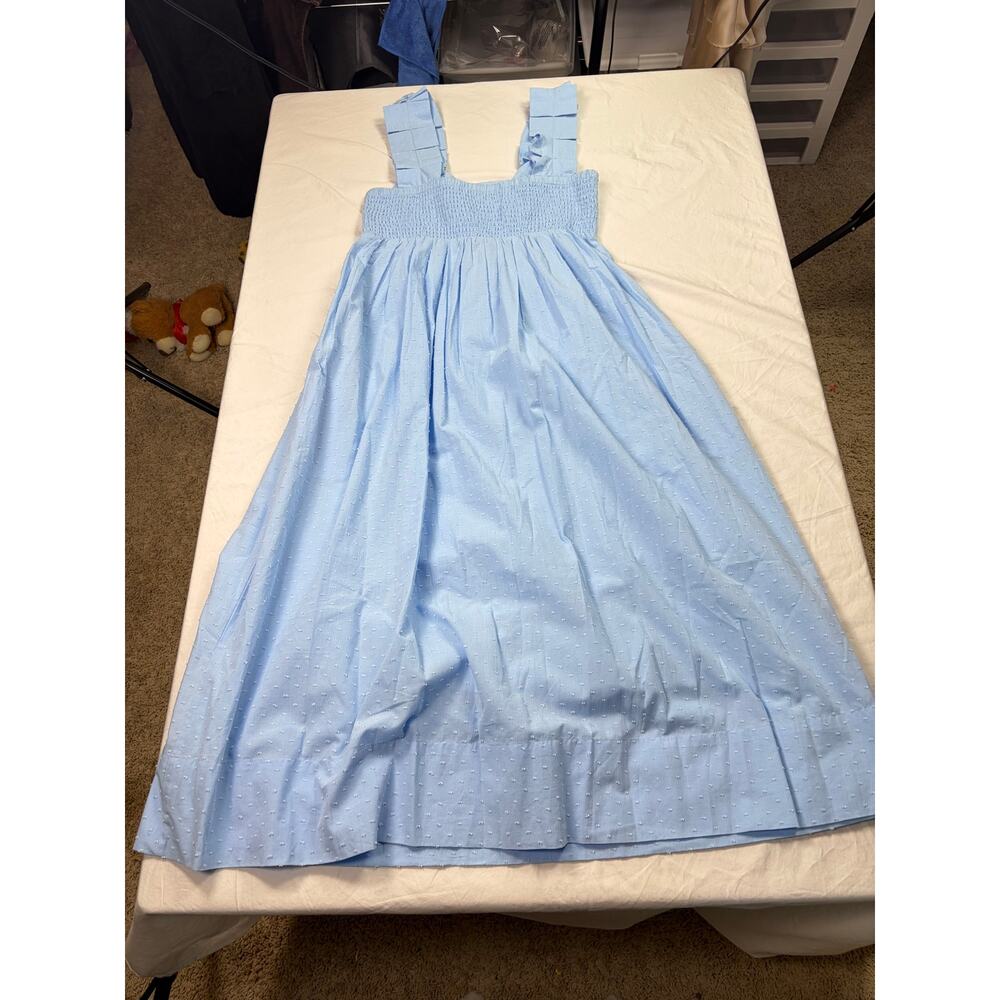 Lake light blue midi sundress. swiss dots, pleated straps. Size XS. cottagecore - Picture 4 of 5